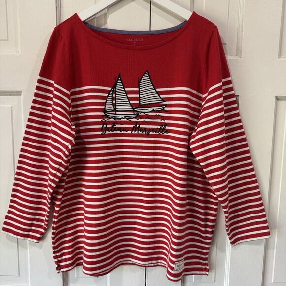 Talbots Top 2X Red Stripe Sailboat Coastal Nautical Preppy Thick Pristine Nice - Picture 2 of 14